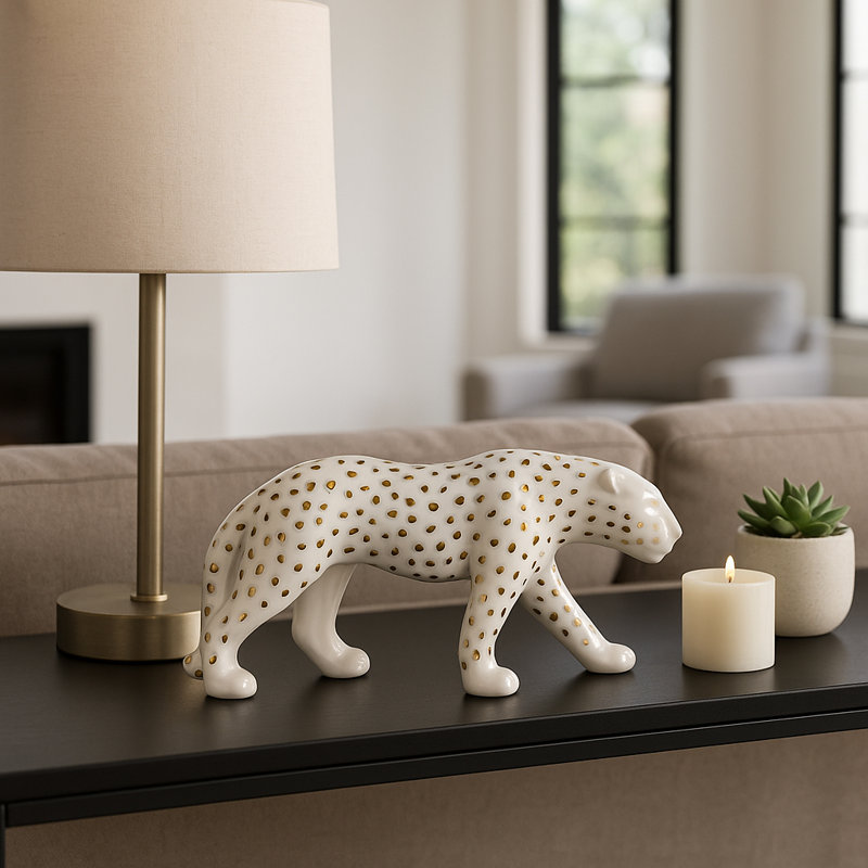 Ankney Artistic Leopard Figurine Sculpture Home Decor - Patterned Decorative Object And Modern Ceramic Statue For Decorations For Living Room - White & Gold