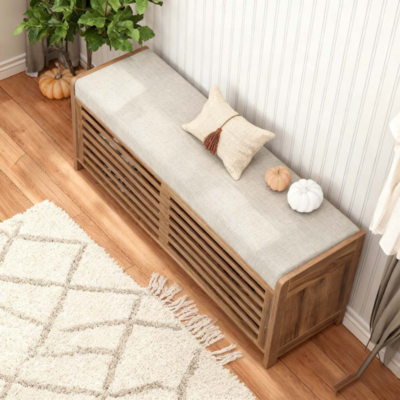 Banc à chaussures avec rangement et coussin, banc de rangement à volets vieillis avec charme rétro, Brun