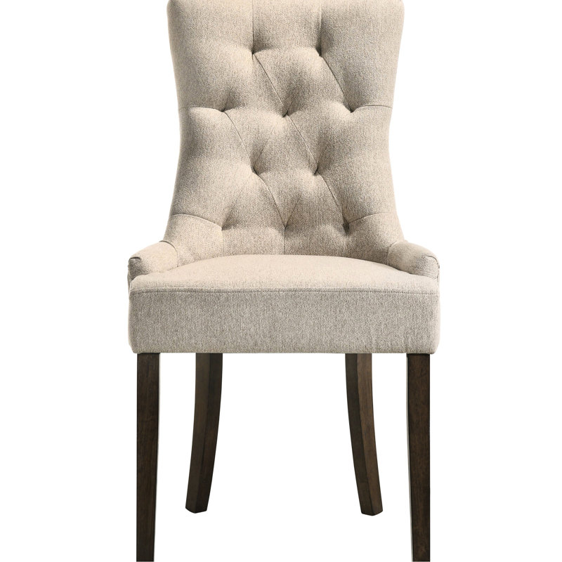 2 chaises latérales à dossier beige, ensemble de salle à manger classique, pieds en bois d'hévéa, rembourrage en mousse, rectangulaire, touche de couleur chêne vieilli, finition en bois