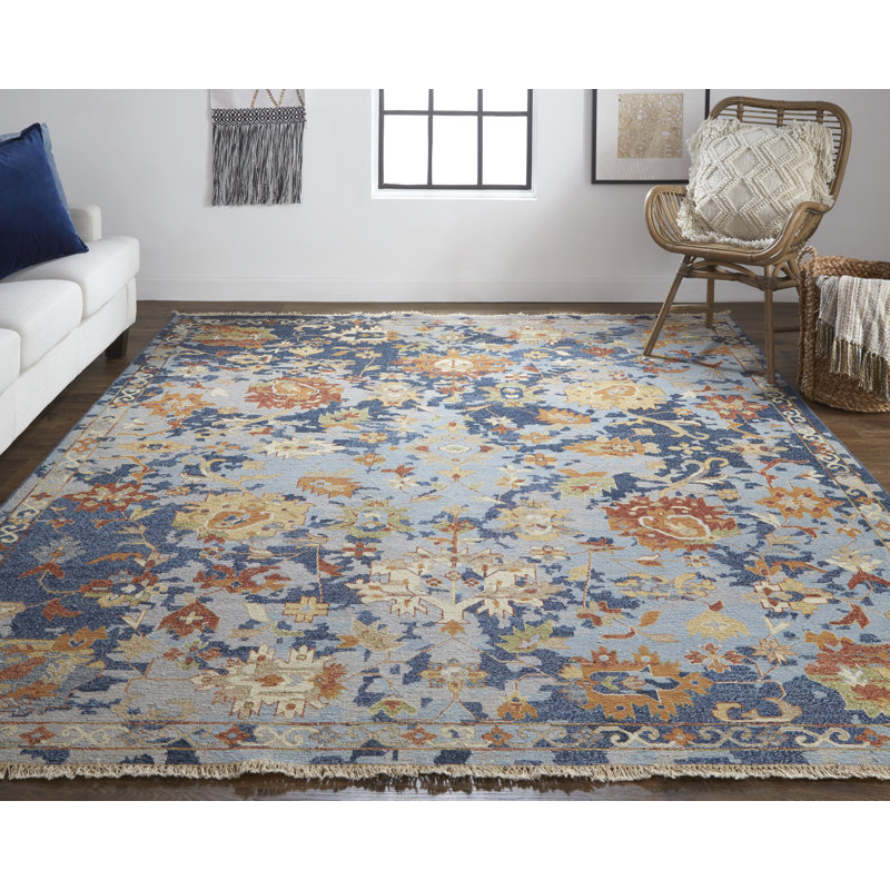 Tapis floral en laine noué à la main bleu / orange / rouge, Rond 8 pi