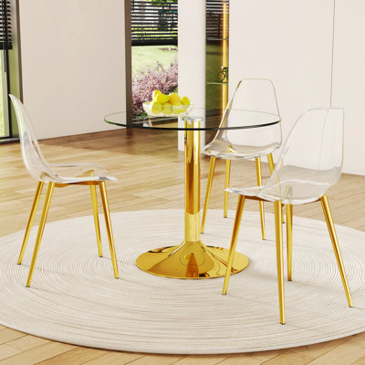 Ensemble de table et de chaises, table de salle à manger ronde en verre avec base en métal, 3 chaises de salle à manger en plastique avec pieds en métal