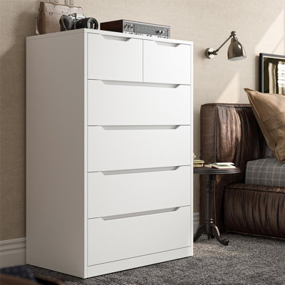 Commode à 6 tiroirs, commodes en bois et commodes avec rail en métal lisse et base trapézoïdale plus large pour une meilleure stabilité, blanc