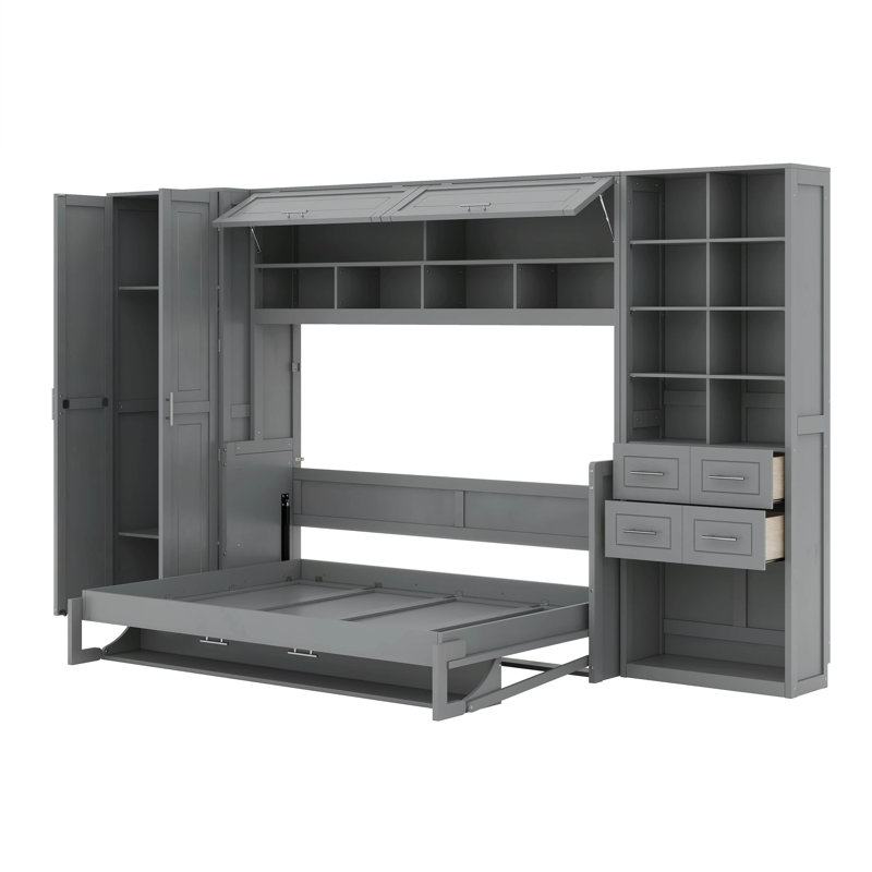 Grand lit escamotable mural avec placard, tiroir et tablette, Gris