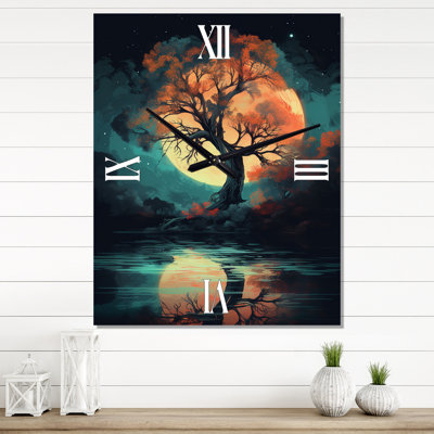 Full Moon Mystery Majestic Tree By The Lakeside I - Forest Modern Wall Clock