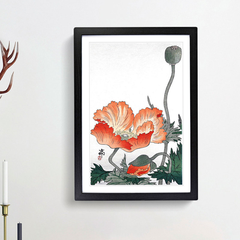 Poppy Flower by Ohara Koson - Picture Frame Painting Print, 48cm H x 36cm W x 2cm D, Black Framed