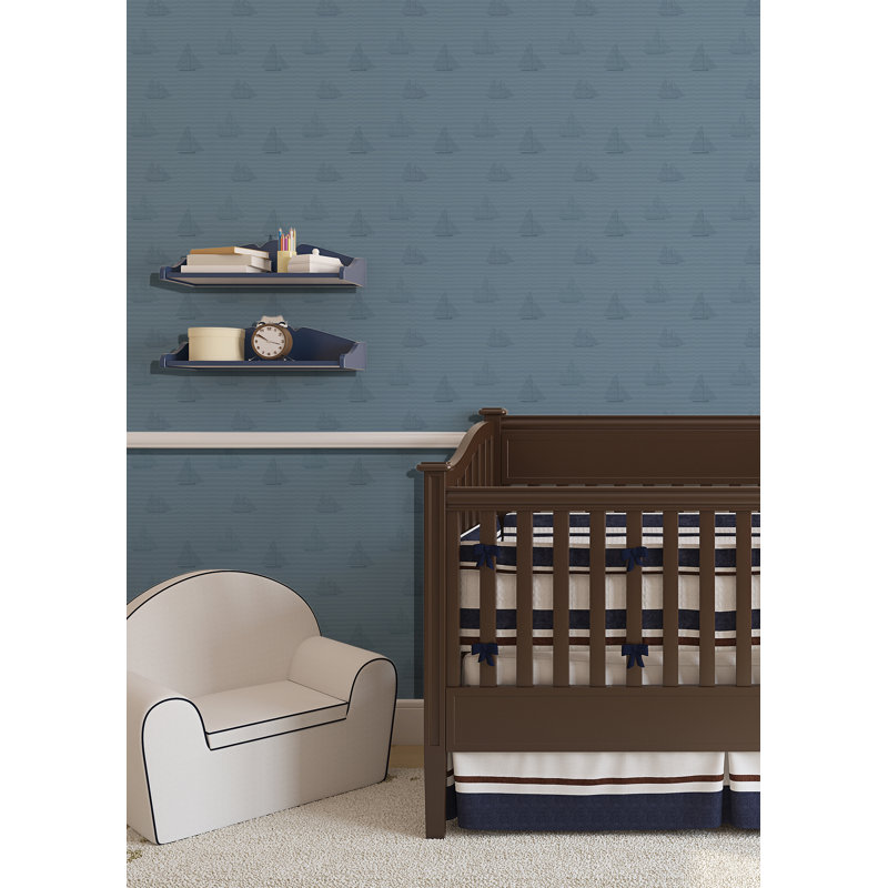 Kids Sailboats 10' L x 24" W Peel and Stick Wallpaper Tile, Navy, Faux Grasscloth, Non-pasted