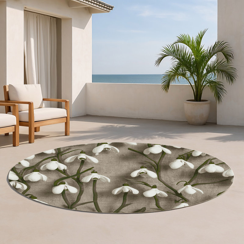 Tapis d'intérieur et d'extérieur gris Botanical, Rond 5 pi