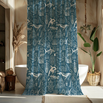 Aqua Nautical Fish Pattern Shower Curtain