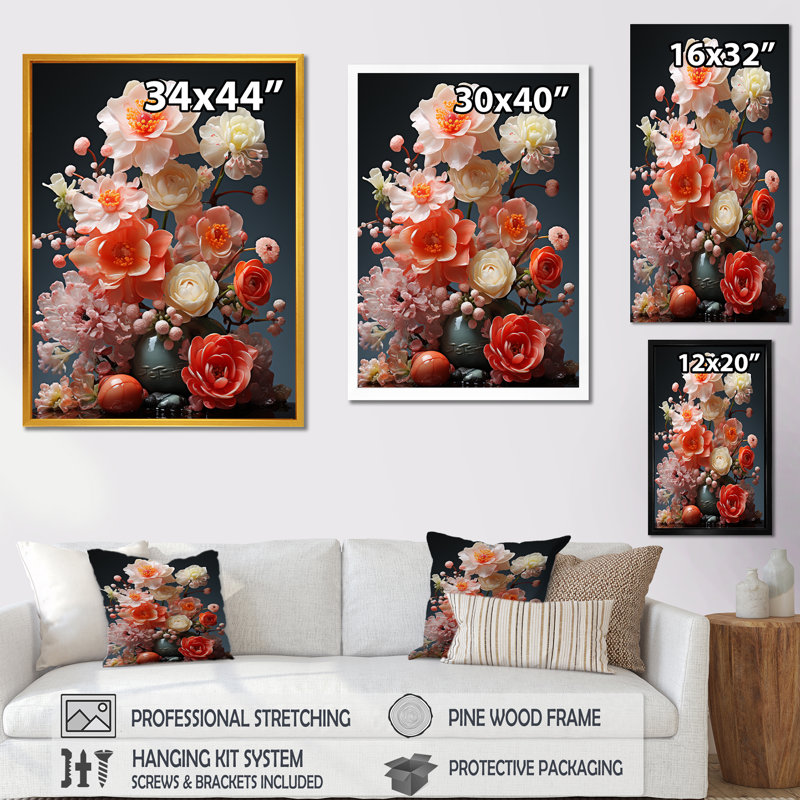 Floral Oasis Bouquet I - Fleurs, art mural, Cadre flottant blanc, H 60 po x l 28 po x P 1,5 po