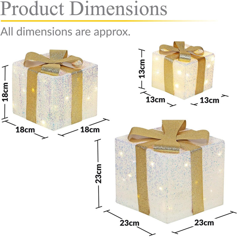Set Of 3 Light-Up Christmas Gift Boxes With 50 Warm White LED Lights Battery-Powered Xmas Decor White Flash Cloth With Gold Ribbon