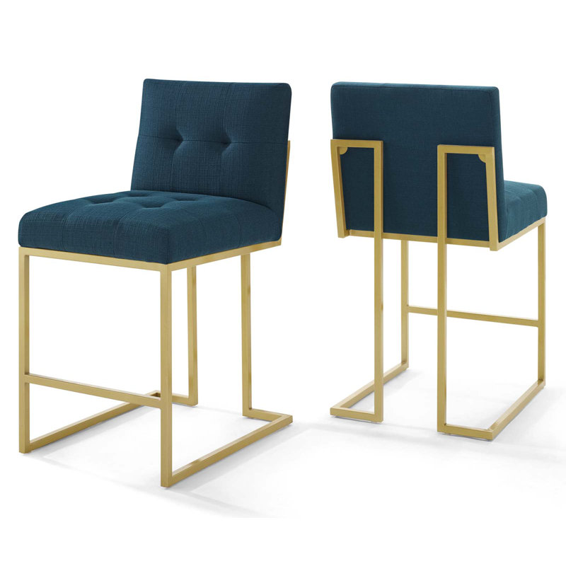 Privy Gold Stainless Steel Upholstered Fabric Counter Stool Set of 2, Azure, Counter Stool (24.5" Seat Height)