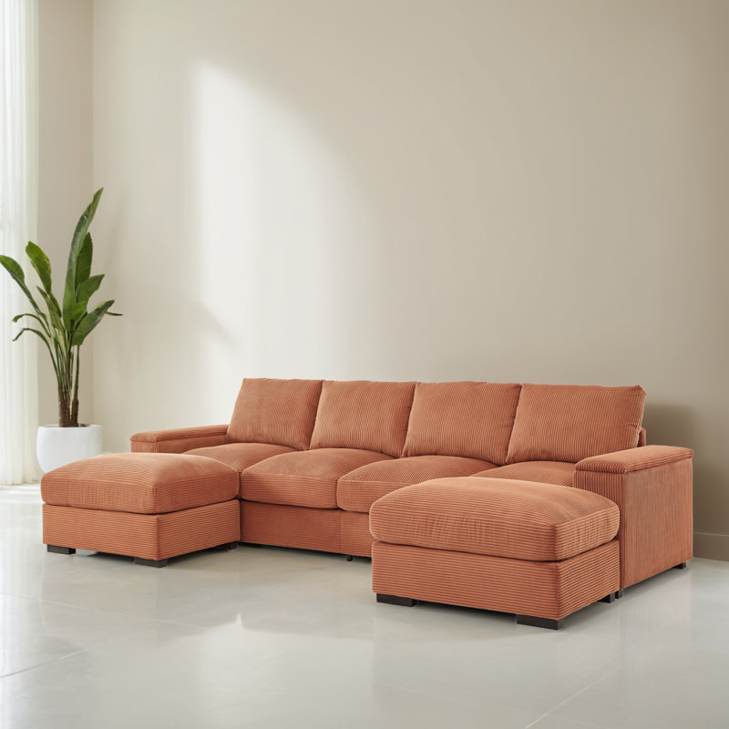 Canapé modulaire rembourré en forme de U 122,12 po avec méridienne pour le salon, Velours côtelé orange