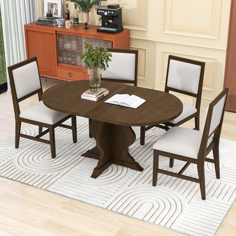 Ensemble de table de salle à manger 5 pièces, table extensible rustique avec rallonge amovible et 4 chaises rembourrées, Brun