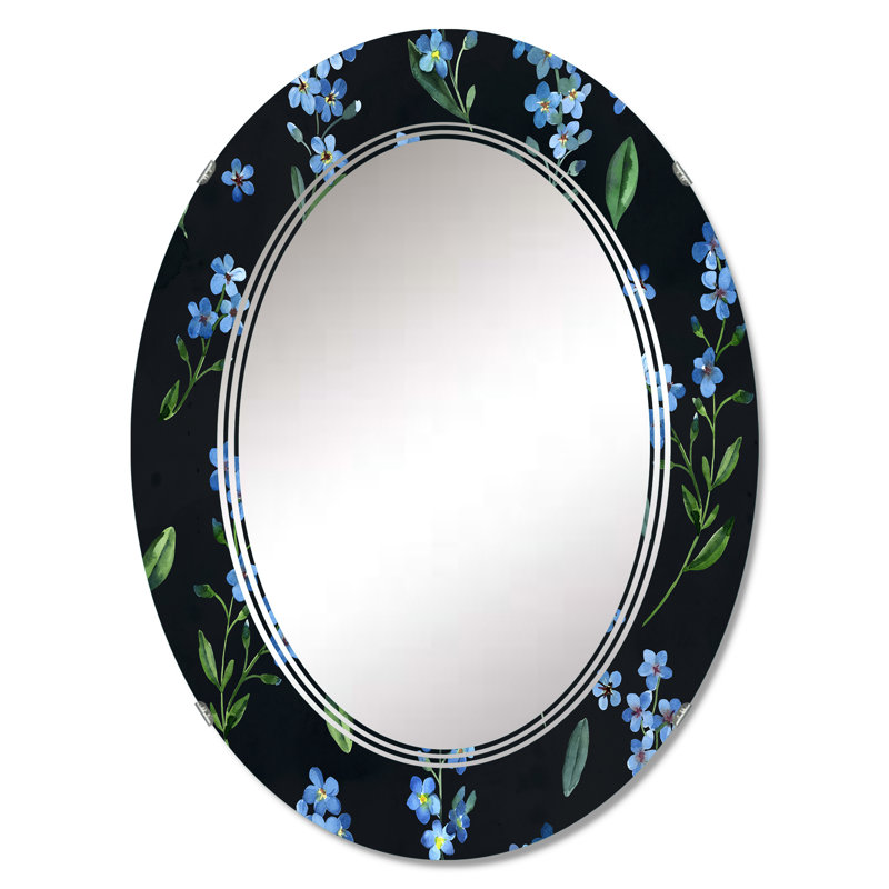 Miroir mural Blue Spring Flowers, traditionnel - fleurs bleues printanières sur fond noir, 36 po x 24 po