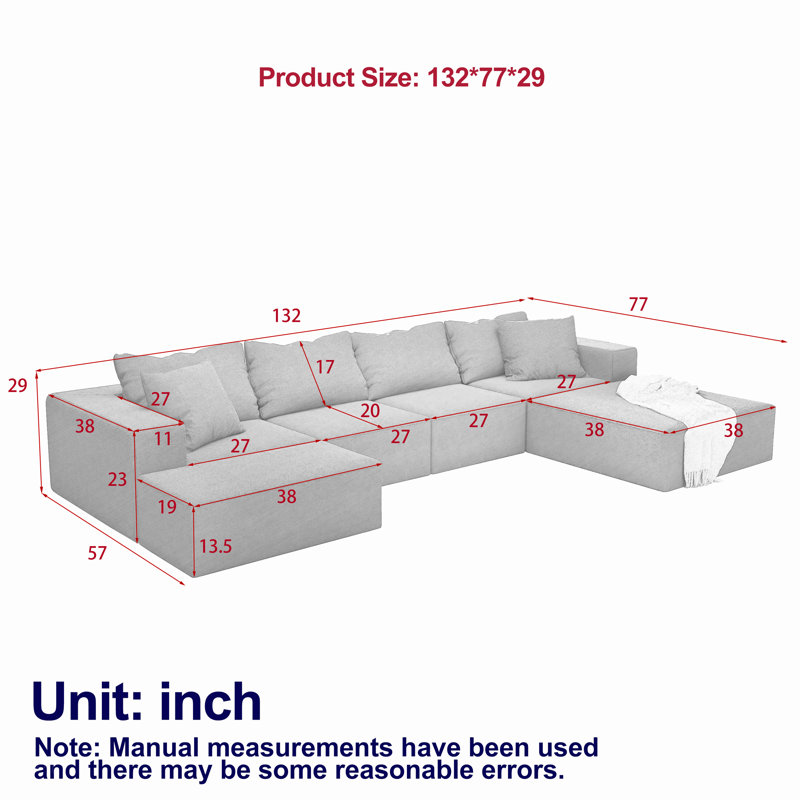 Ensemble de canapé modulaire rembourré moderne sans os, canapé modulaire en forme de L de 132 po avec 6 oreillers