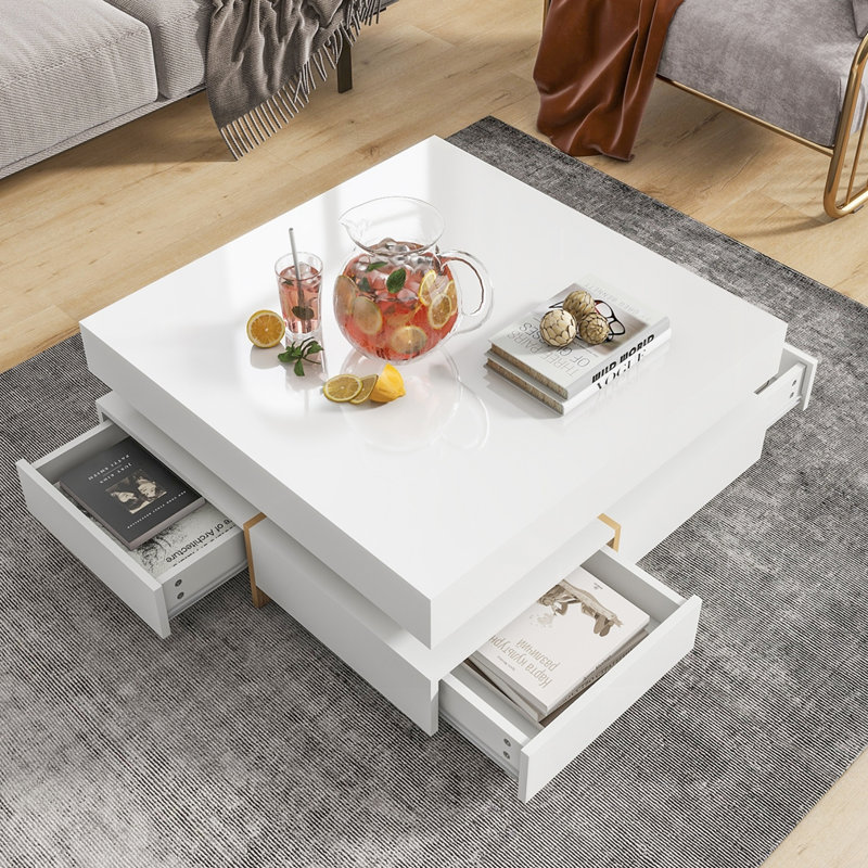 Table basse moderne à 4 tiroirs ultrabrillante, Blanc