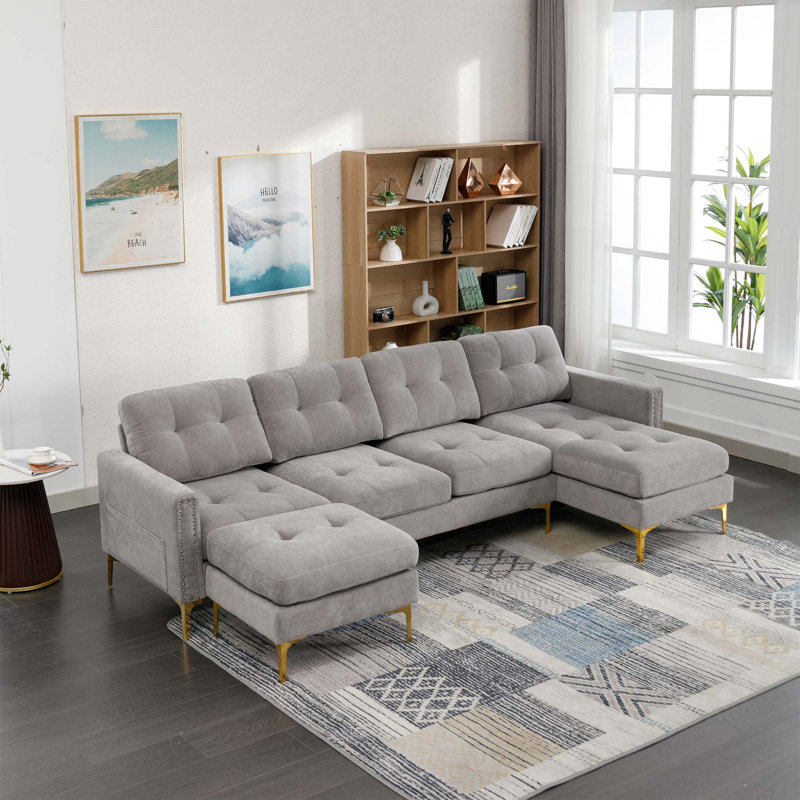 Jiuliana Upholstered Sectional Reversible, Light Gray Velvet, Gold