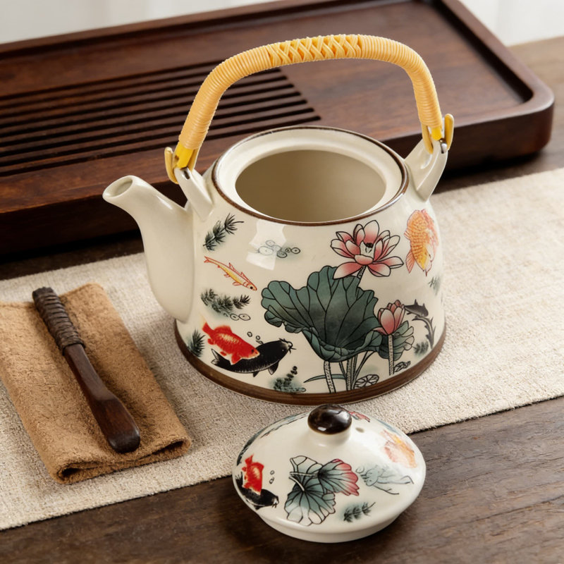 Service à thé en céramique avec infuseur en acier inoxydable - Théière grande capacité 27 oz et 6 tasses pour thé en vrac ou en sachets, motif floral de lotus