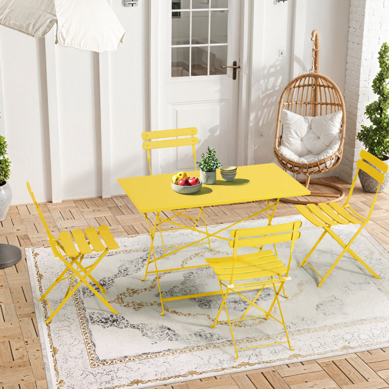 Iron Table And Folding Chair Set, 4 - Person Outdoor Dining Set, Yellow