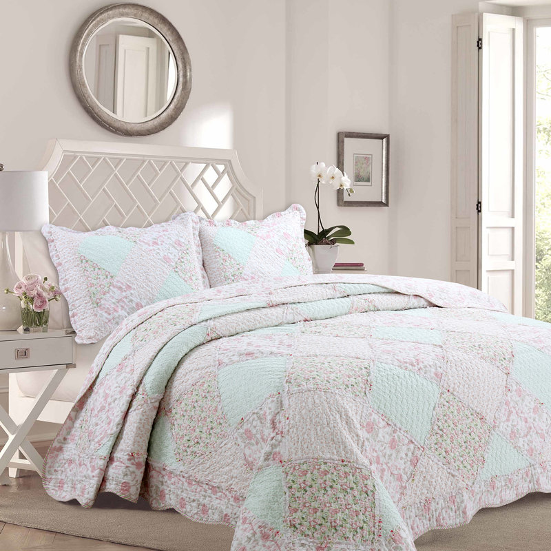 Ensemble de courtepointe réversible rose clair / vert clair , Courtepointe très grand et 2 très grandes taies