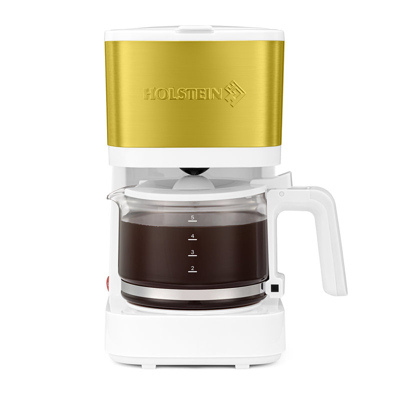 Cafetière 5 tasses Holstein Housewares Pause N Serve, fonctionnement à une touche, plaque chauffante antiadhésive, indicateur de niveau d'eau - filtre réutilisable - conception compacte, blanc et or 
