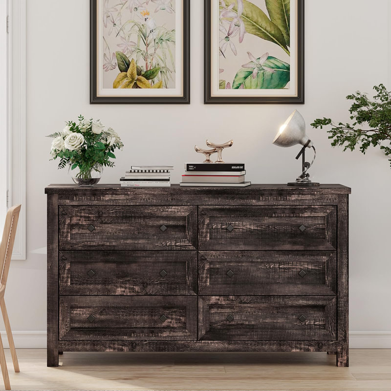 Dezia Farmhouse 6 Drawers Dresser, Rustic Black