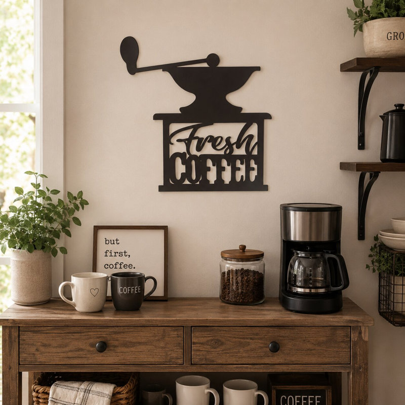 15" x 17" Black Coffee Cup Wall Decor, Farmhouse Coffee Bar Sign for Kitchen Cafe Restaurant