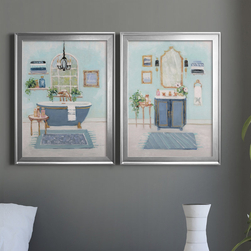 «Blue Bath I», reproduction encadrée de qualité supérieure - prête à être accrochée, H 22,5 po x l 61 po x P 1,5 po, Argent