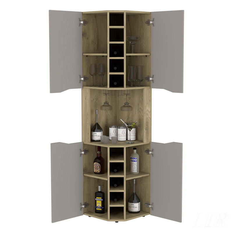Armoire de bar Obregon avec dix porte-bouteilles intégrés, une porte, finition Macadamia / taupe pour un rangement efficace et élégant