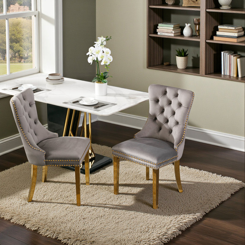 Tufted Velvet Wing Back Side Dining Chairs, Gray, Mirror Gold