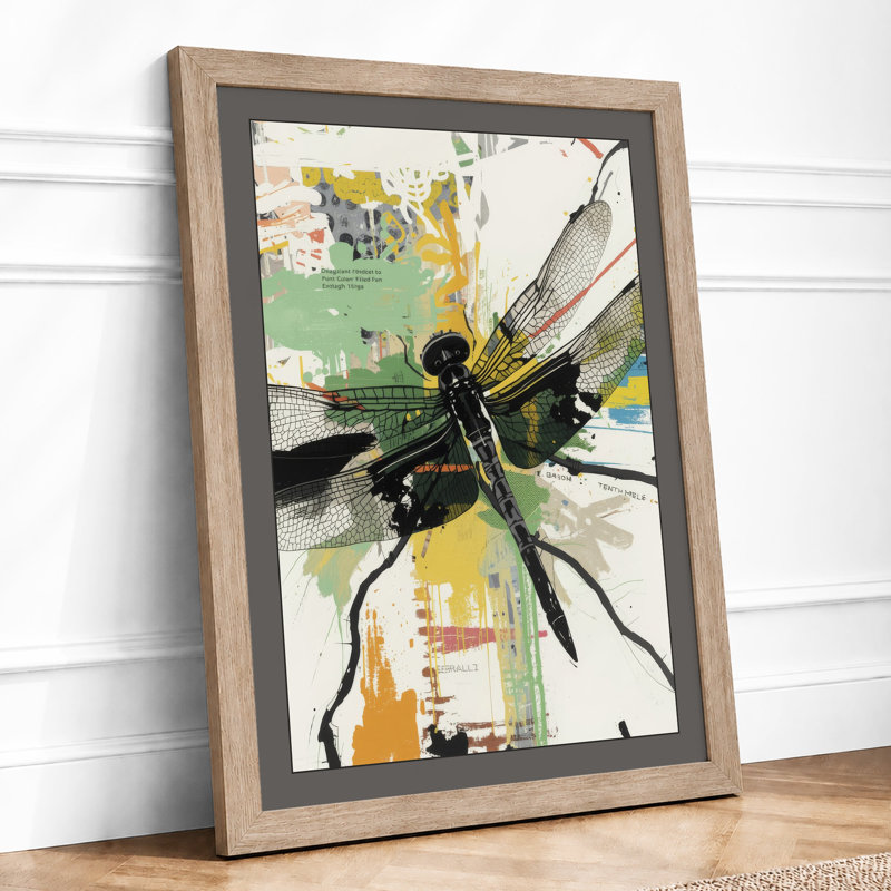 Dragonfly on Maps Eclectic - Framed Print, A1 - 84.1 x 59.4 cm, Oak