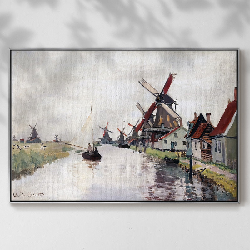 Moulins à vent aux Pays-Bas, 1871, H 17 po x l 25 po x P 2 po, Toile avec cadre argenté