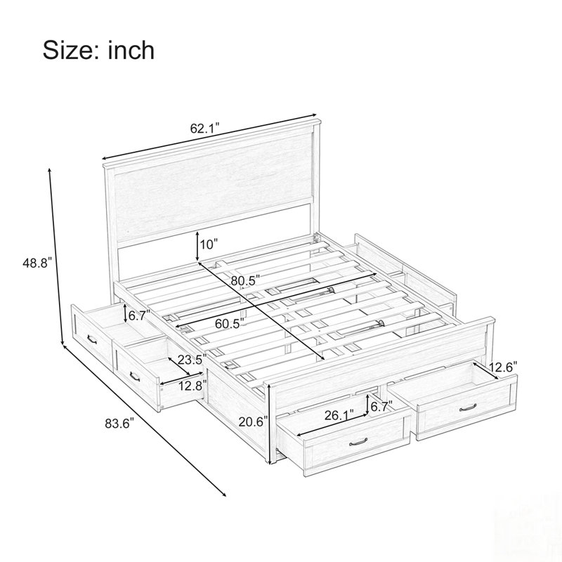 Structure de lit avec rangement moderne en bois avec 6 tiroirs, lit plateforme avec support en lattes de bois, aucun sommier requis
