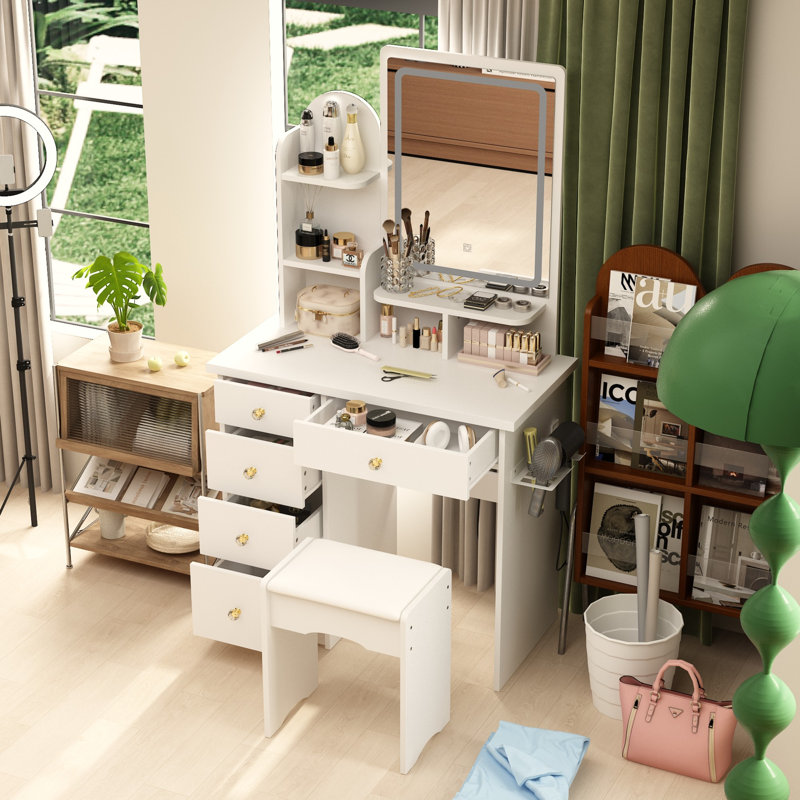 Makeup Vanity Set With Lighted Mirror And Power Outlet