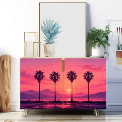 Armoire de buffet étroite de 35,4 po de largeur - armoire de rangement décorative à 2 portes avec palmiers tropicaux, silhouette de montagnes d'eau et pieds en métal