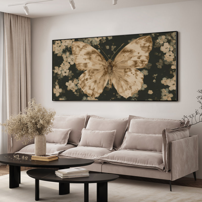 Très grande reproduction d'art sur tissu mural - Papillon sépia avec accents floraux, décoration pour le salon ou la chambre à coucher - «Assemblage requis du cadre (cadre non fini)»