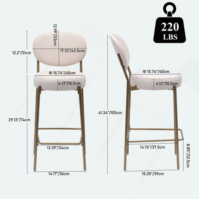 29'' Upholstered Bar Stools Velvet Counter Stool With Backrest & Footrest Set Of 2 Round Dining Chairs For Kitchen