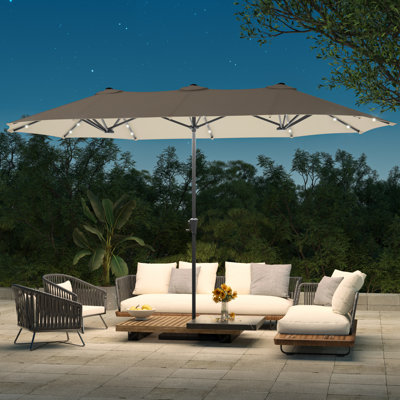 Parasol de marché 13 x 7,2 pi à DEL double face avec manivelle, grand parasol de table pour terrasse, marché, cour arrière, puissant protecteur UV