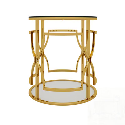 Luxury Gold Round Side Table with Tempered Glass Top & Storage Shelf, Modern Glam End Table with Metal Frame for Living Room, Bedroom, Sofa Side, Smal