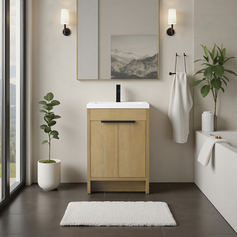 Meuble-lavabo simple 24 po au fini chêne naturel avec lavabo en résine blanc à surface solide, 24"