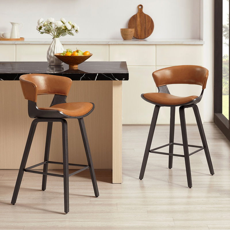 Binni PU 26.97" PU Upholstered Counter Stool with Wood Frame, Black Faux Leather, Black