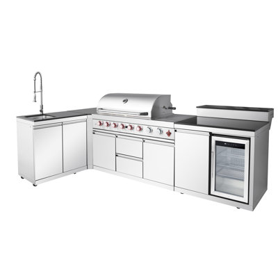 6 - Burner 99000 Stainless Steel Gas Outdoor Kitchen Barbecue Island With Sink, Double Door Storage, Refrigerator, Three Tier Cabinet, Powerful Burners, Pull Out Propane Tank Tray, Modular Design For