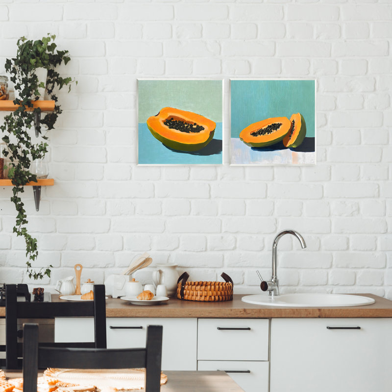 Ensemble de plaques murales 2 pièces Papaya on Blue Still Life, design par Walker Noble