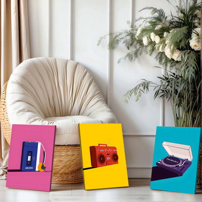 Ensemble de 3 affiches encadrées, décoration murale vintage sur toile - Impressions rétro Walkman Boombox pour salon, chambre, cadeau nostalgique et coloré pour musicien, œuvre d'art moderne et minimaliste