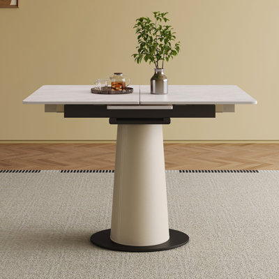 Table de salle à manger rétractable à dalle de roche pliante, table carrée extensible moderne avec base en acier inoxydable revêtue de cuir, table de cuisine à double usage pour les petits appartements