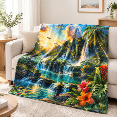 Couverture de paysage de cascade tropicale - vue panoramique, verdure luxuriante, fleurs vibrantes, cascades sereines, ciel coucher de soleil, léger, confortable, décoratif, pour canapé, canapé, salon et chambre à coucher