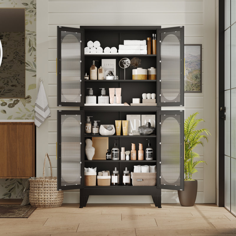 Armoire de rangement 61 po en métal avec 4 portes en verre et 4 tablettes réglables, Noir