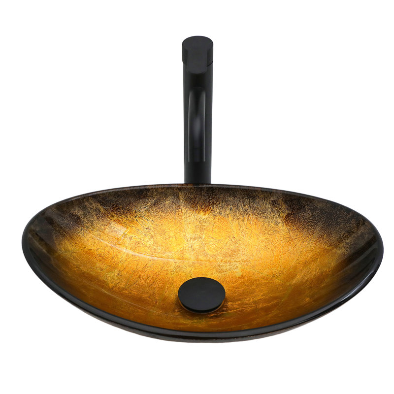 Élégant lavabo en verre trempé en forme de bateau doré avec bonde escamotable noire, approprié pour le vestiaire, salle de bain et salle de bain de charme transparente de 4,76 pouces de hauteur, nettoyage de surface lisse,