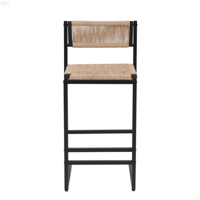 Set Of 2 Woven Bar Stools With Backrest Paper Rope Weave Dining Chairs For Kitchen Island