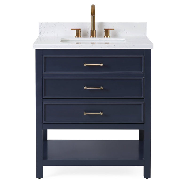 Ampelio 30'' Single Bathroom Vanity with Quartz Top, Navy Blue, Gold